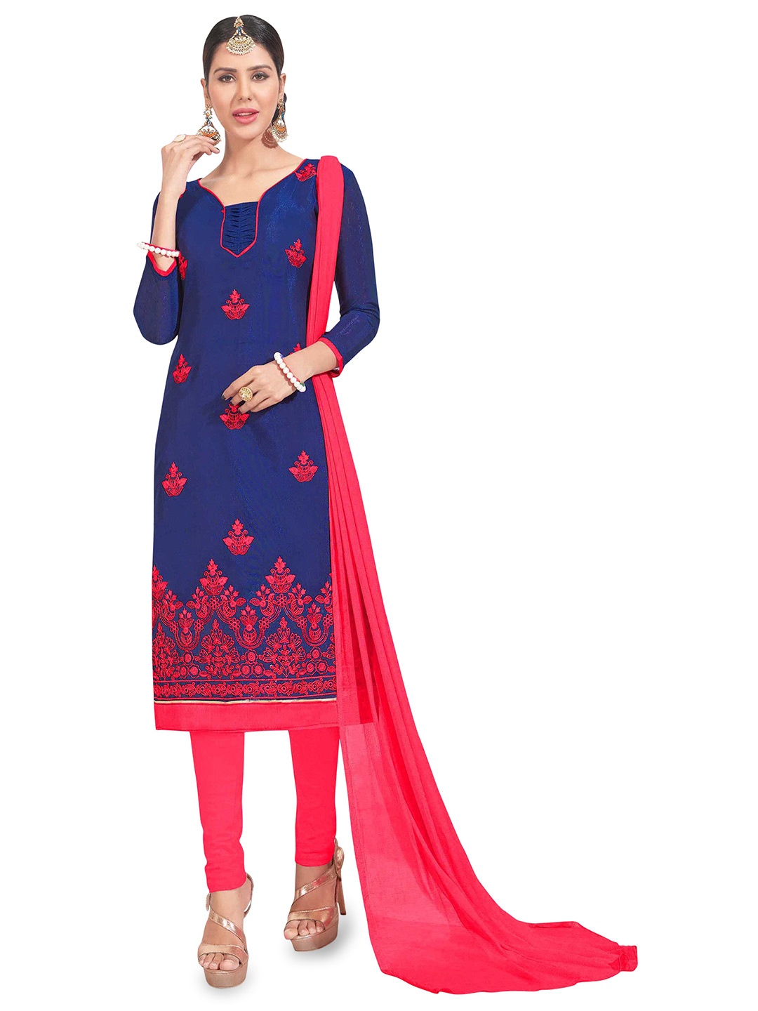 

MANVAA Ethnic Motifs Embroidered Thread Work Chanderi Cotton Unstitched Dress Material, Blue