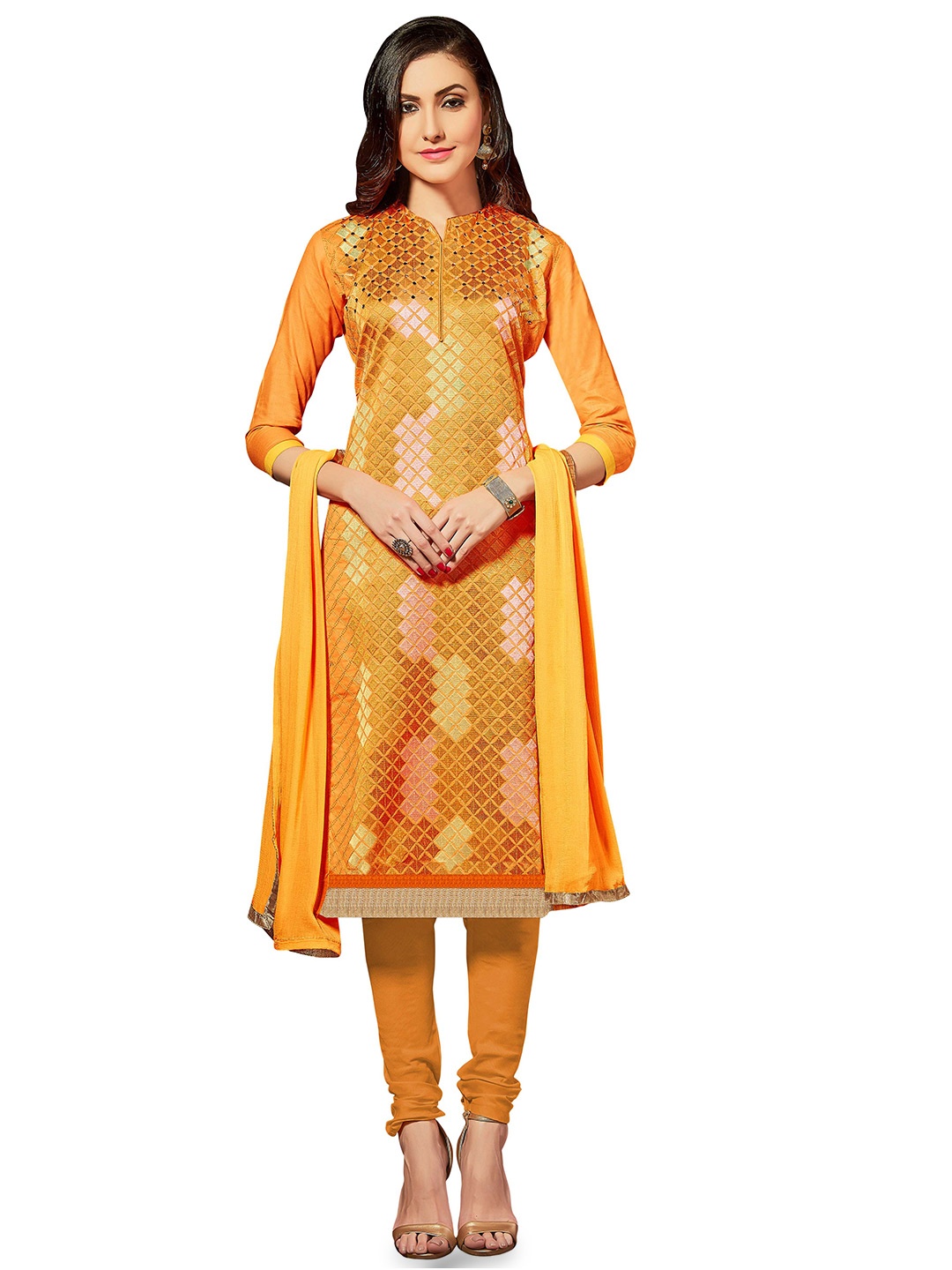 

MANVAA Ethnic Motifs Woven Design Mirror Work Detailed Unstitched Dress Material, Yellow
