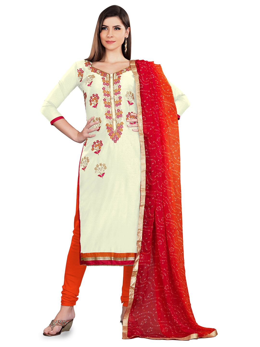 

MANVAA Ethnic Motifs Embroidered Thread Work Modal Chanderi Unstitched Dress Material, Off white