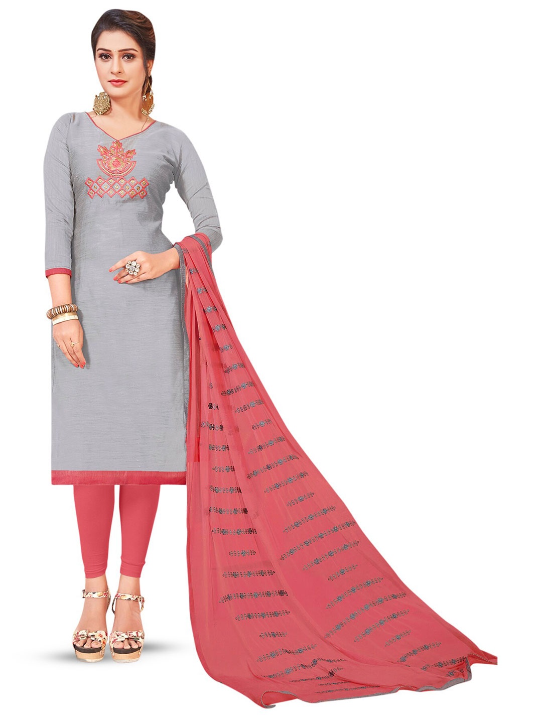 

MANVAA Ethnic Motifs Embroidered Unstitched Dress Material, Grey
