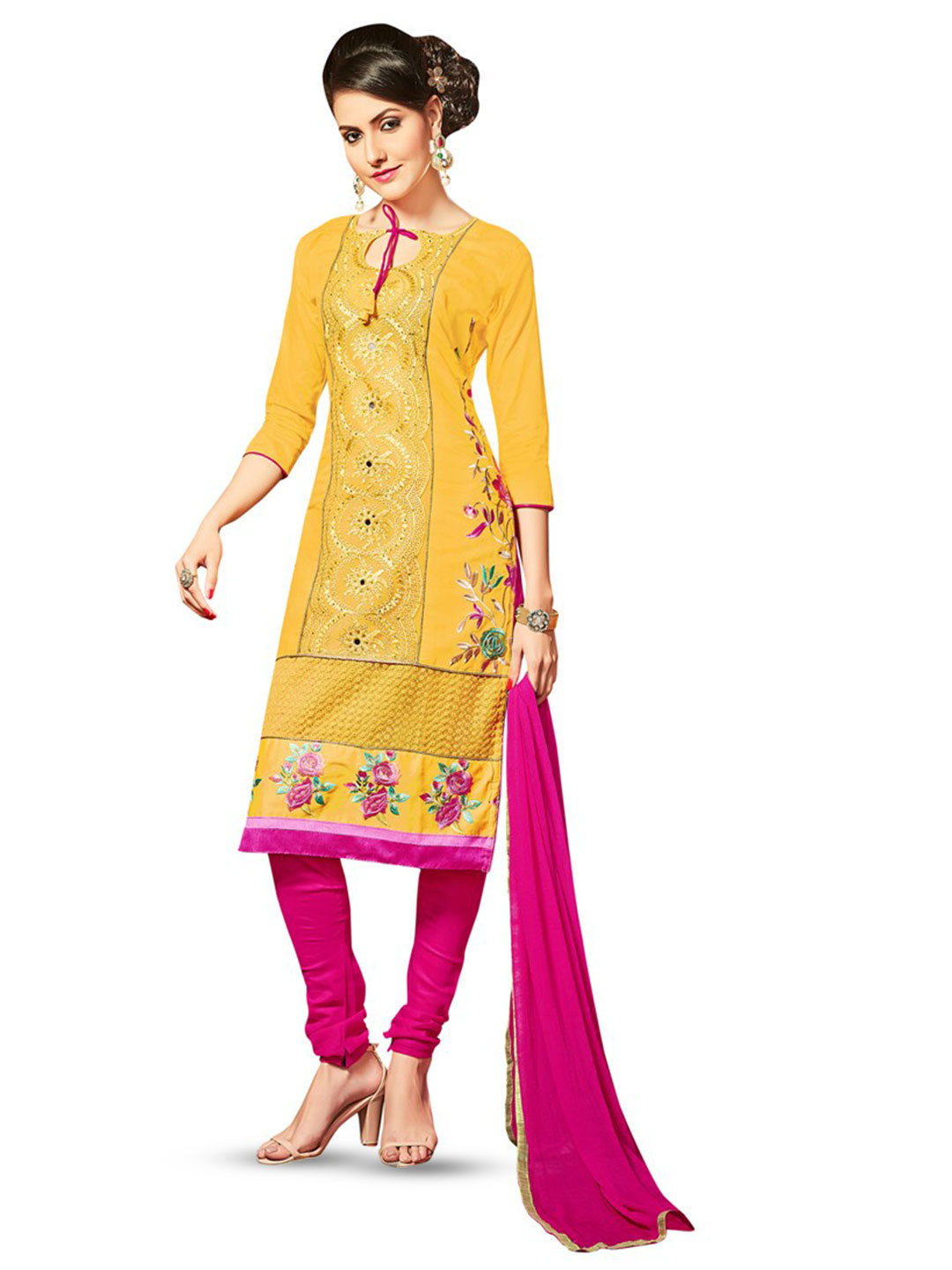 

MANVAA Floral Embroidered Unstitched Dress Material, Yellow