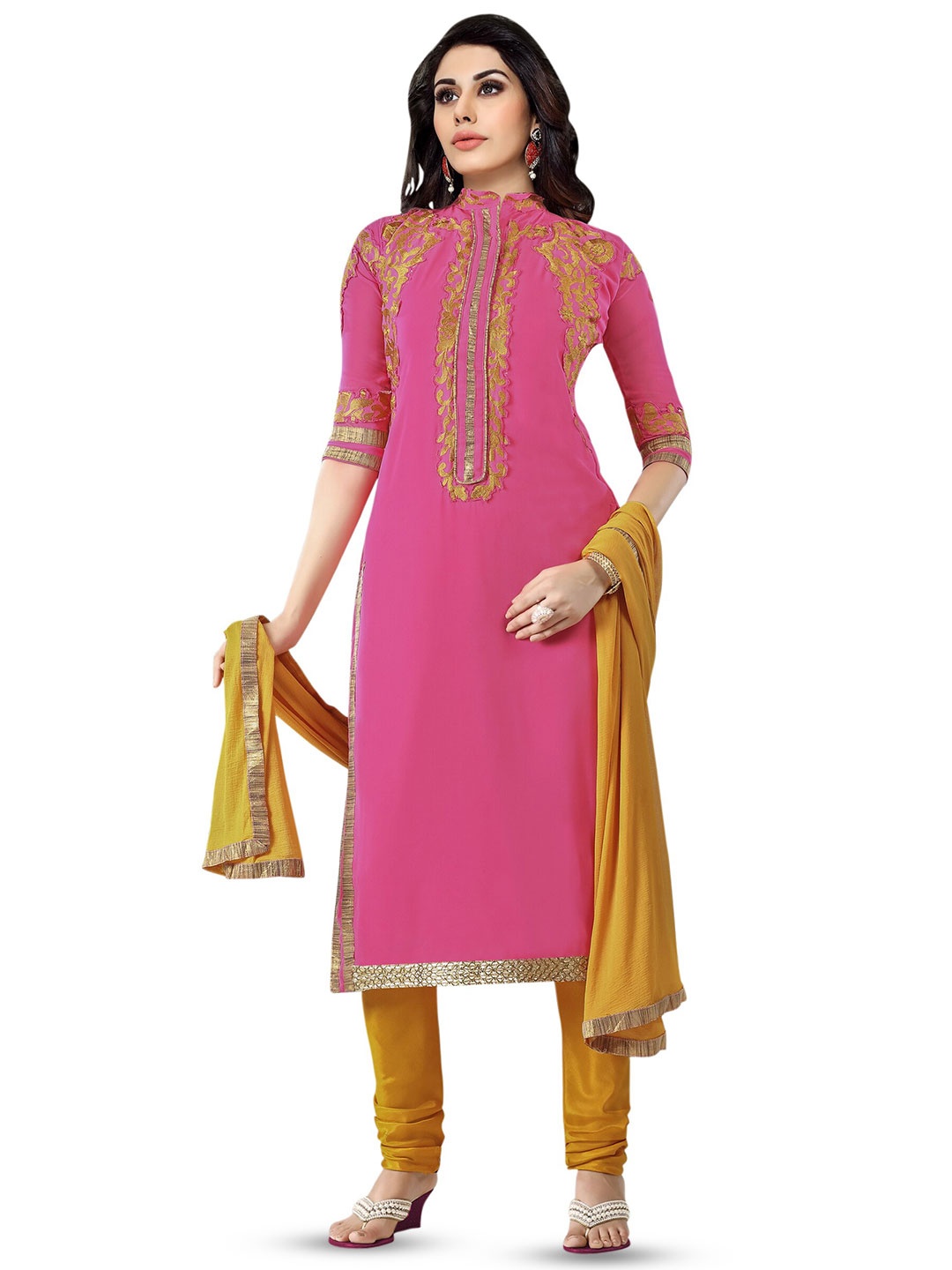 

MANVAA Floral Embellished Silk Georgette Unstitched Dress Material, Pink