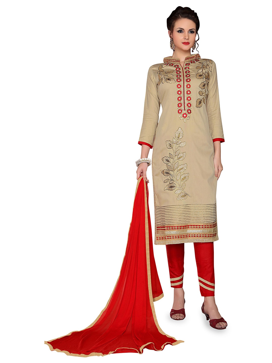 

MANVAA Floral Embroidered Unstitched Dress Material, Beige