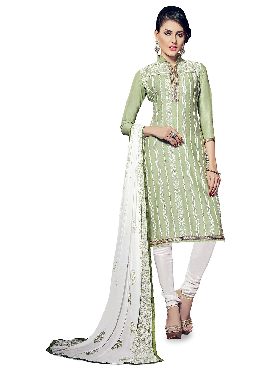 

MANVAA Floral Embroidered Gotta Patti Unstitched Dress Material, Green