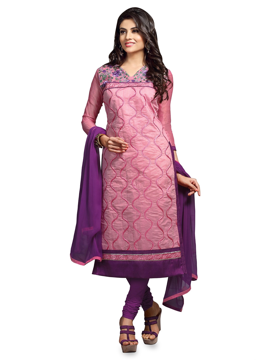 MANVAA Floral Embroidered Unstitched Dress Material, Pink