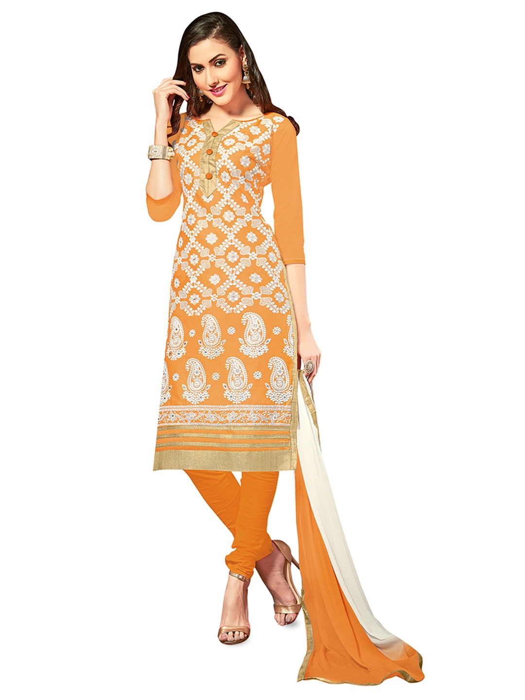 

MANVAA Floral Embroidered Unstitched Dress Material, Orange