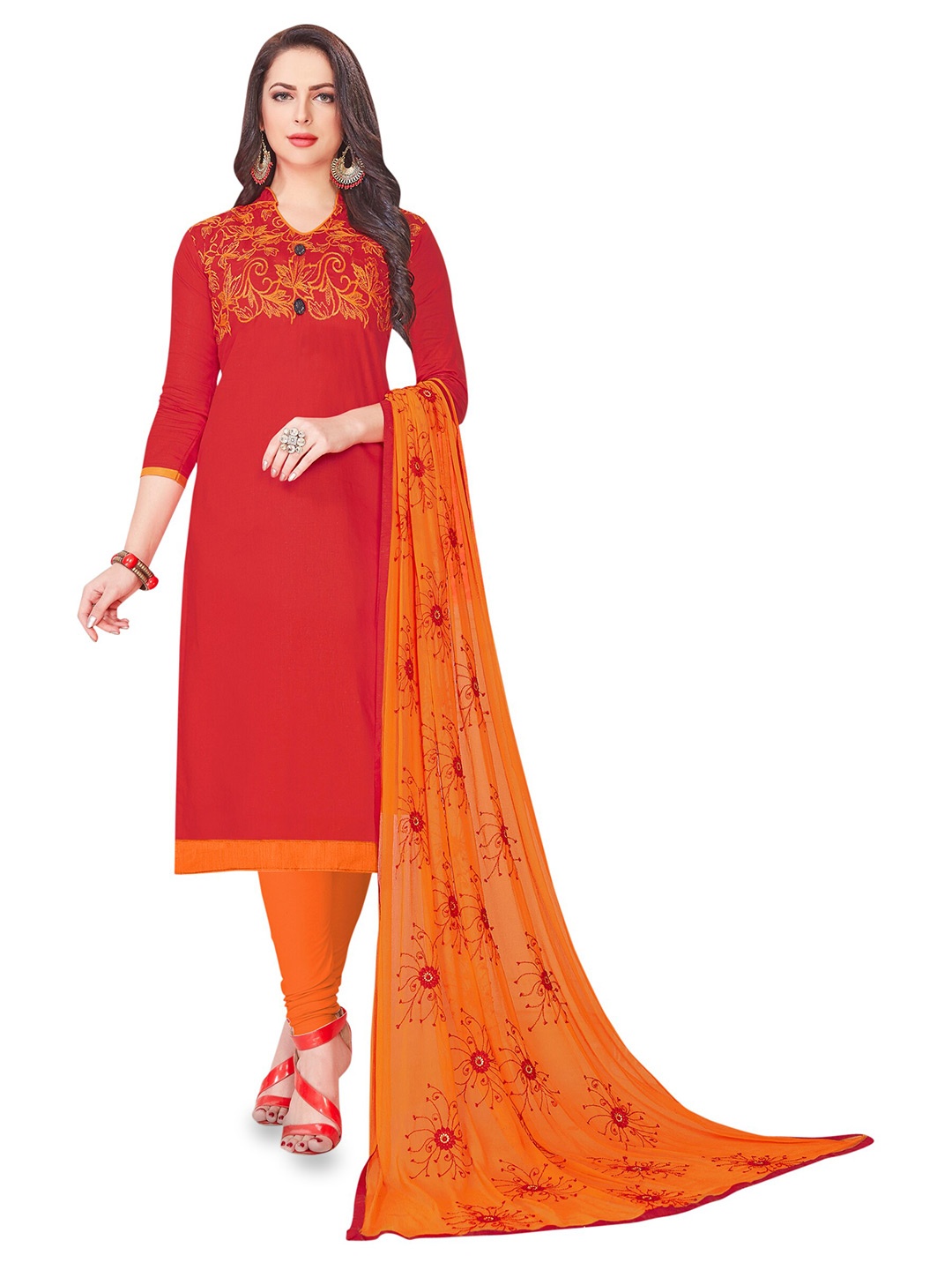 

MANVAA Floral Embroidered Unstitched Dress Material, Red