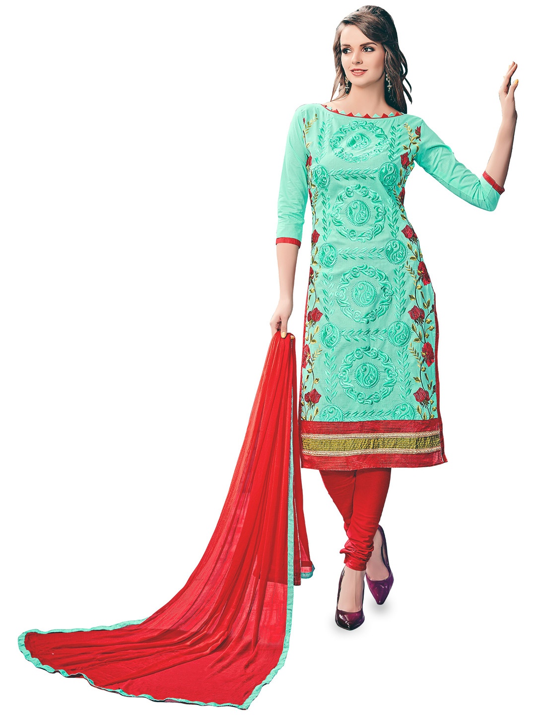 

MANVAA Floral Embroidered Unstitched Dress Material, Green