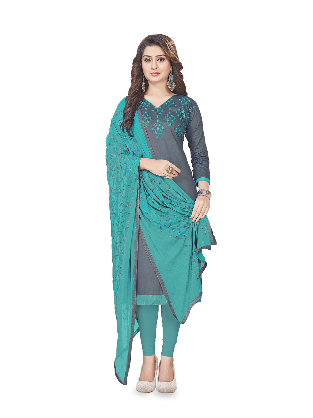 

MANVAA Floral Embroidered Unstitched Dress Material, Grey