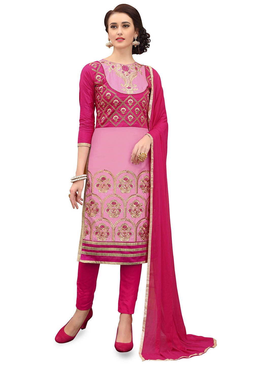 

MANVAA Ethnic Motifs Embroidered Zari Unstitched Dress Material, Pink