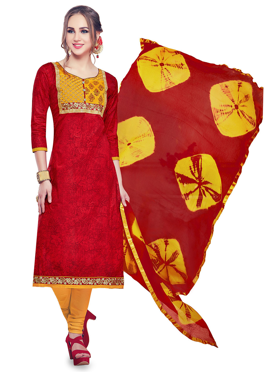 

MANVAA Floral Printed Zari Unstitched Dress Material, Red