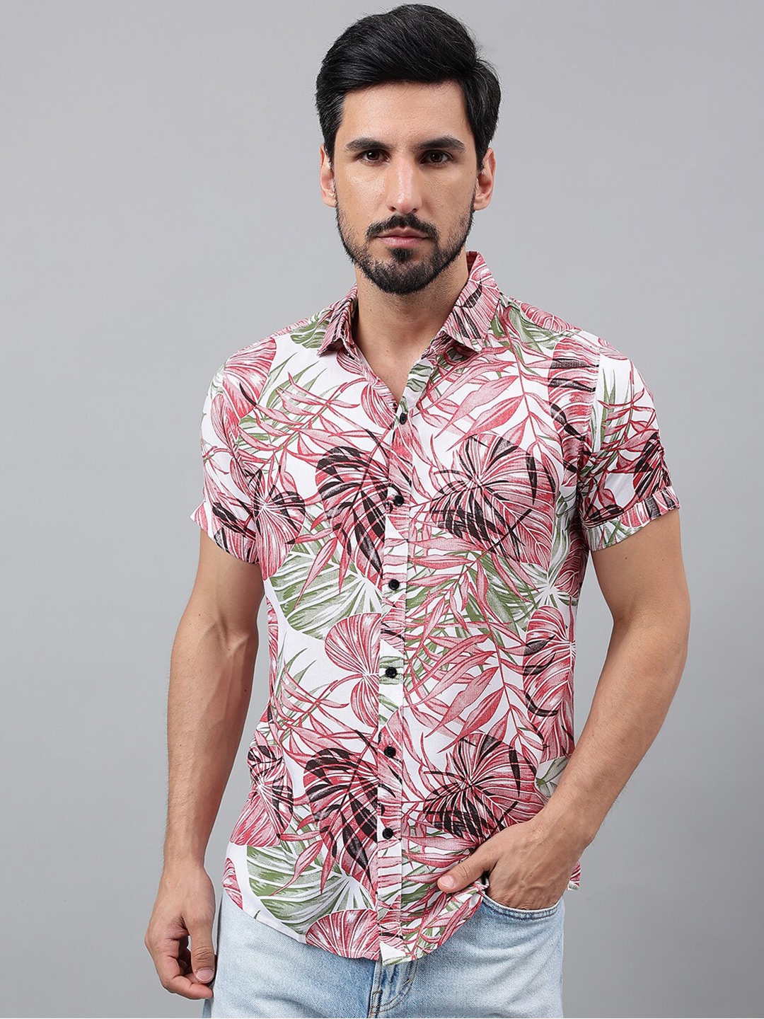 

Voroxy New Tropical Printed Spread Collar Regular Fit Casual Shirt, Pink