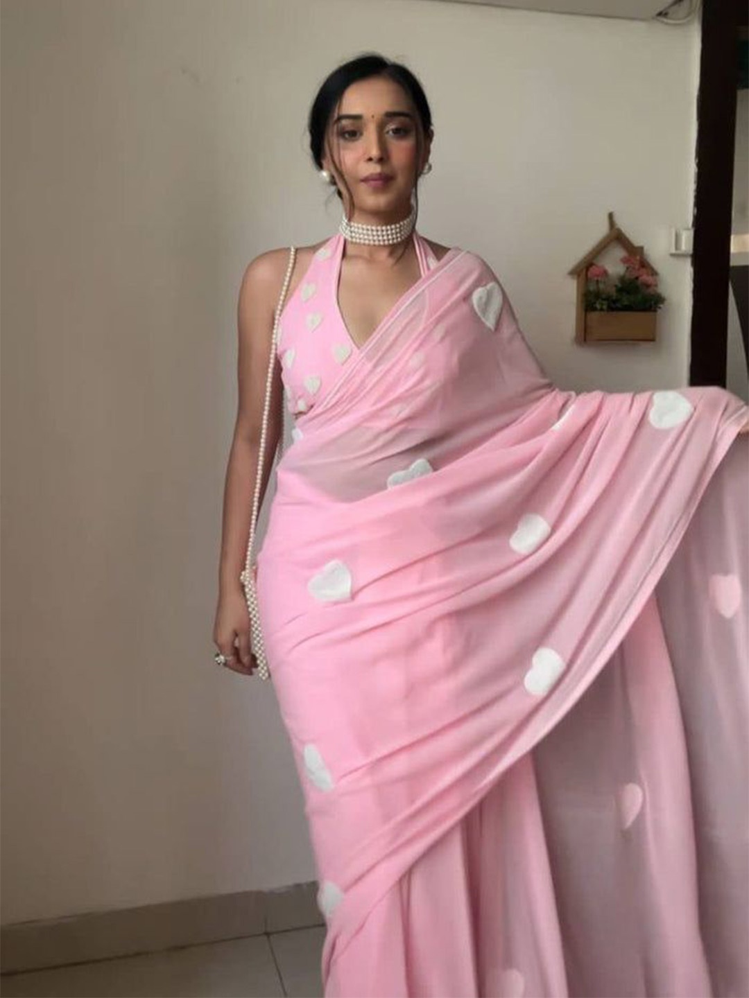 

KALINI Embellished Sequinned Detail Pure Georgette Saree, Pink