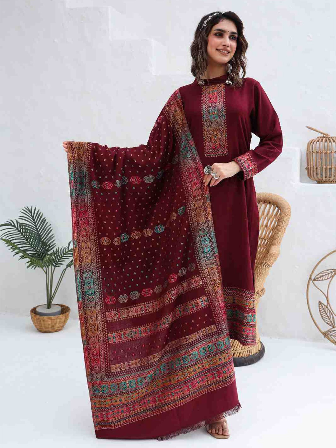

KIDAR Ethnic Motifs Woven Design Unstitched Dress Material, Maroon