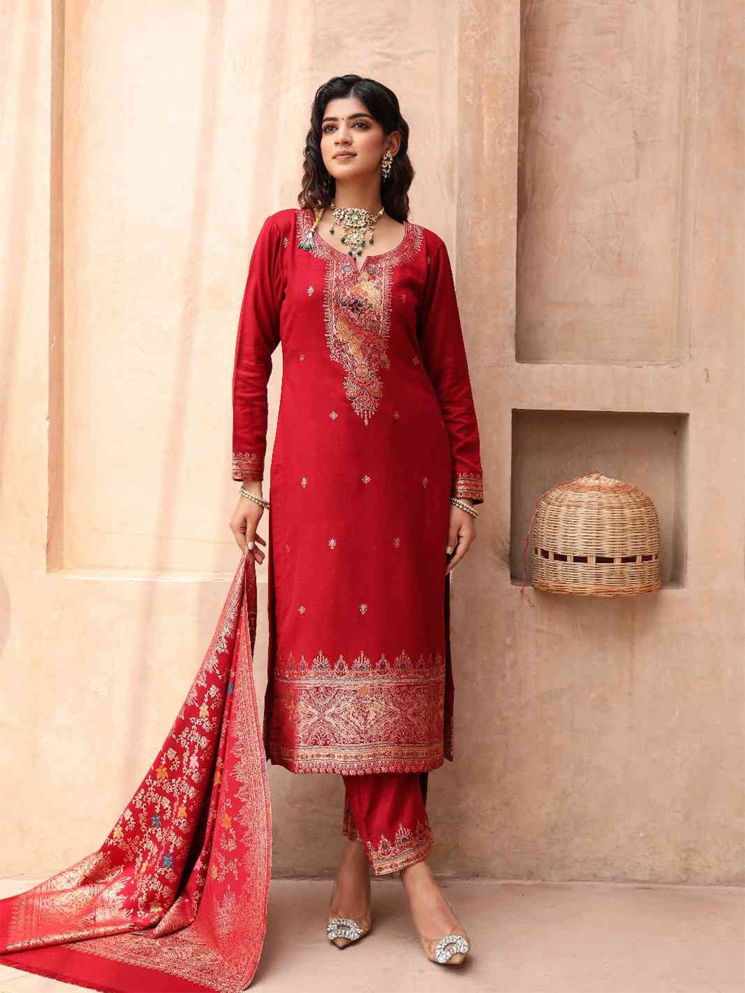 

KIDAR Ethnic Motif Printed Unstitched Dress Material, Maroon