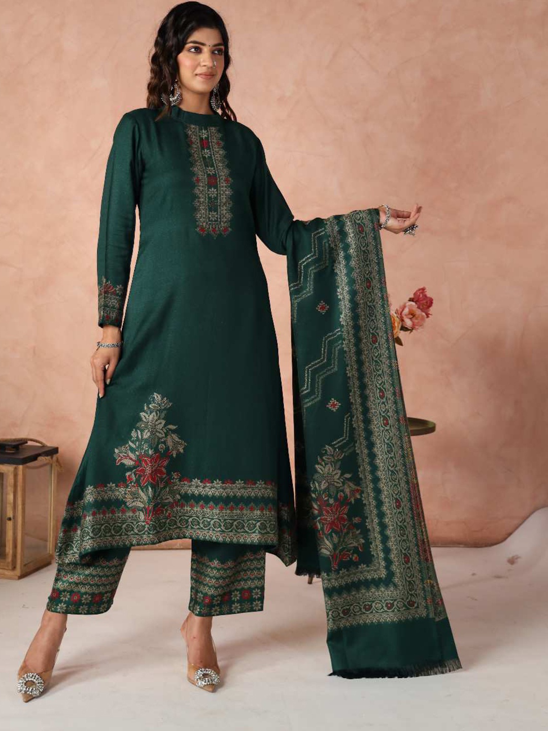 

KIDAR Ethnic Motifs Woven Design Unstitched Dress Material, Green