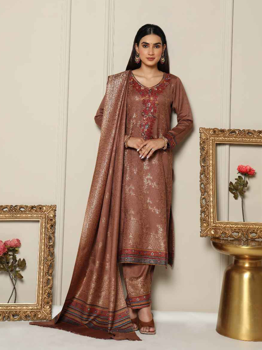 

KIDAR Ethnic Motifs Woven Design Unstitched Dress Material, Brown