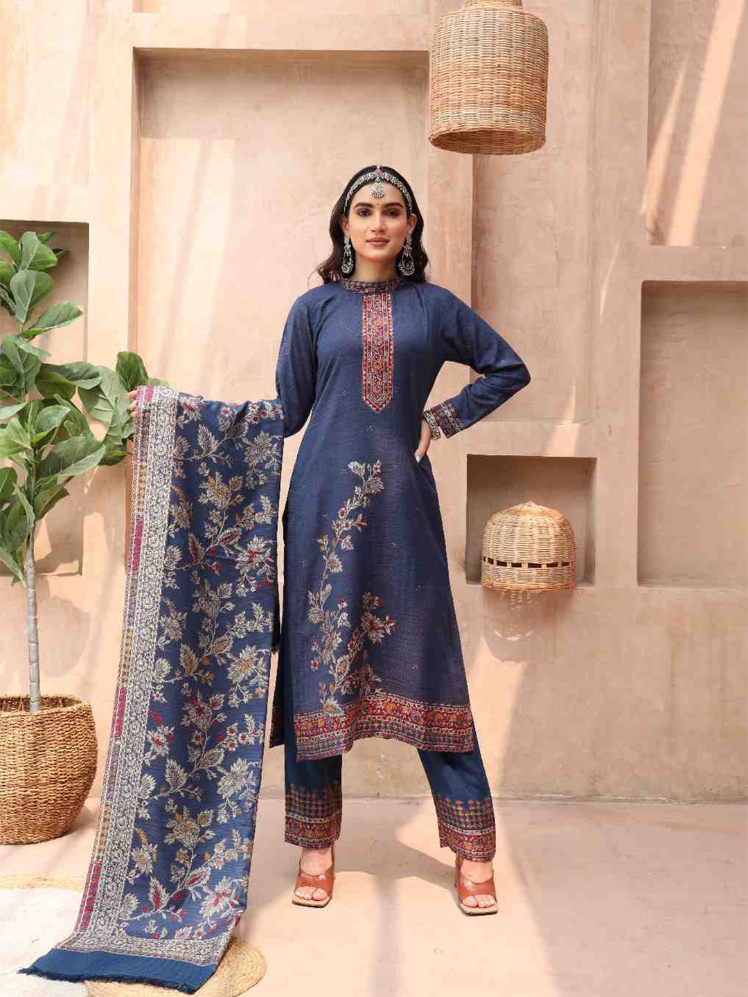 

KIDAR Ethnic Motifs Woven Design Unstitched Dress Material, Blue