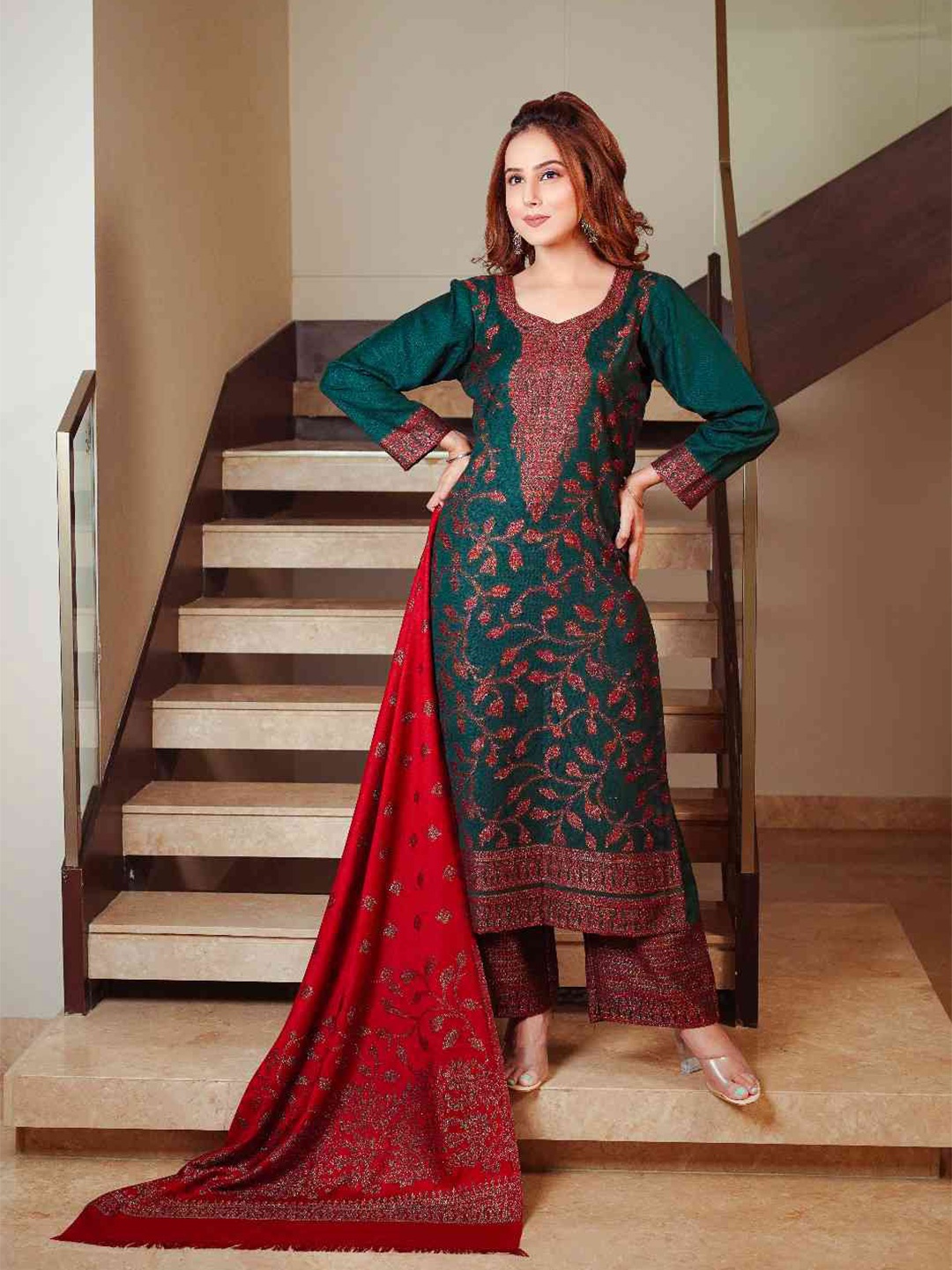 

KIDAR Ethnic Motifs Embroidered Unstitched Dress Material, Green