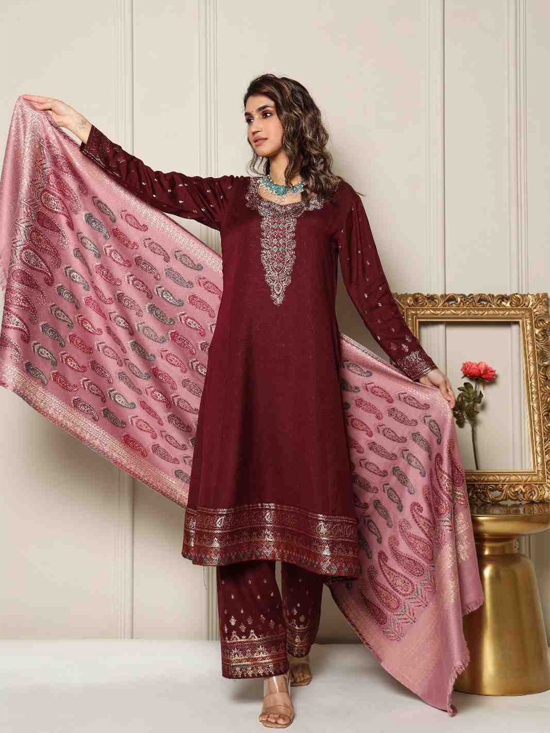 

KIDAR Ethnic Motifs Woven Design Unstitched Dress Material, Maroon