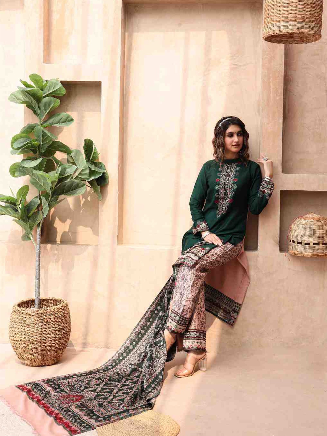KIDAR Ethnic Motifs Woven Design Unstitched Dress Material, Green