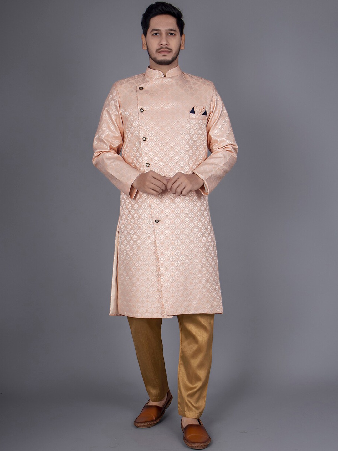 

amzira Ethnic Motifs Woven Design Pure Cotton Sherwani Set, Pink