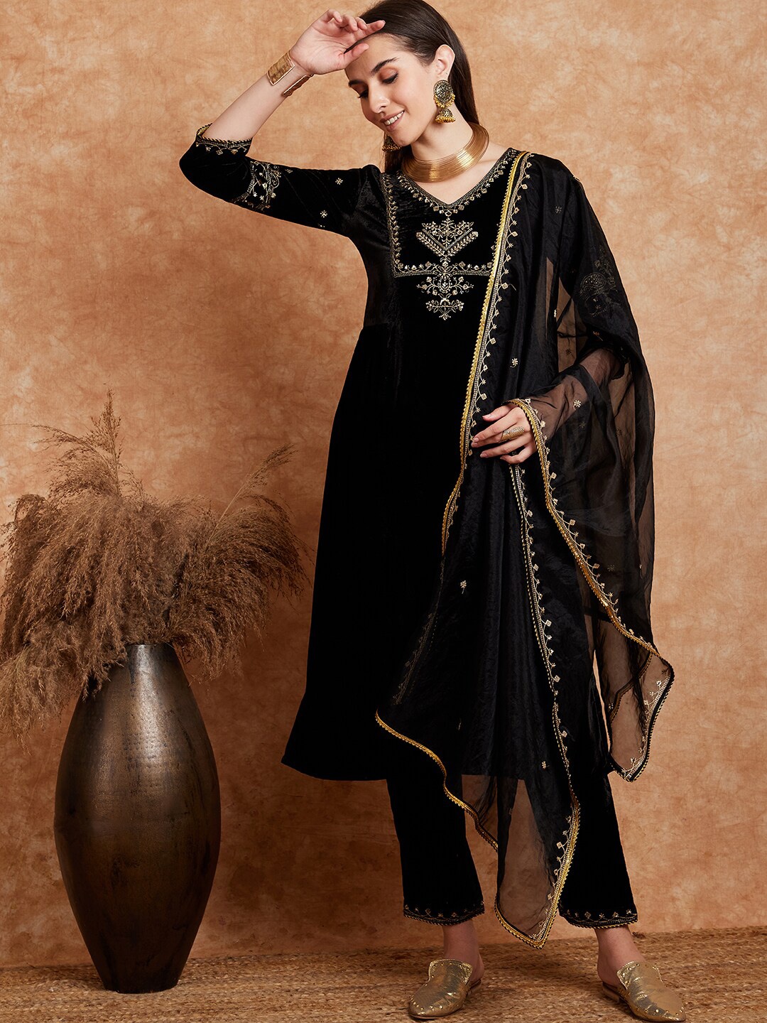 

Sangria Black Ethnic Motif Embroidered Straight Kurta & Trouser WIth Dupatta Set