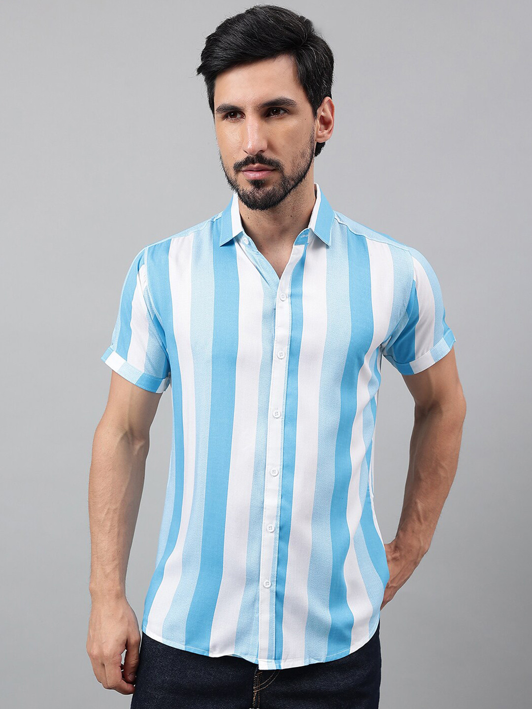 

Voroxy New Vertical Striped Spread Collar Short Sleeves Casual Shirt, Blue
