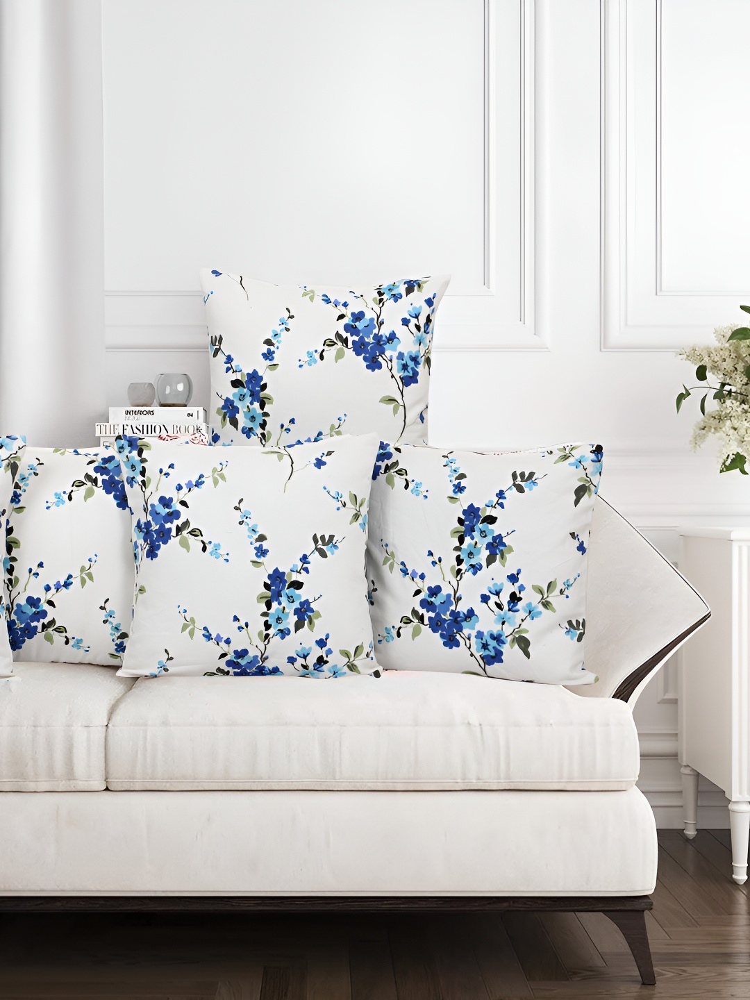 Texstylers Blue & White 5 Pieces Floral Cotton Square Cushion Covers