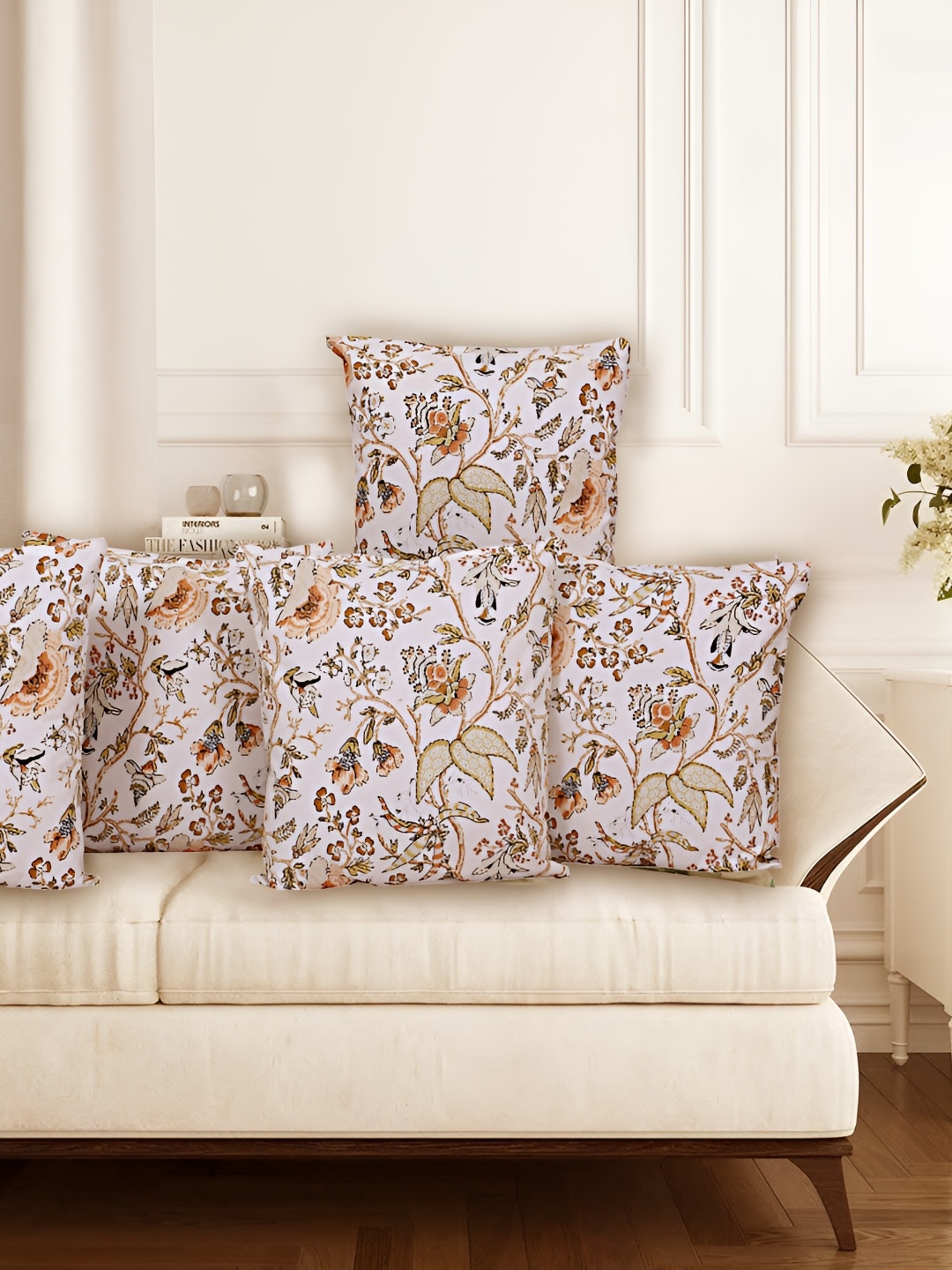 Texstylers Orange & White 5 Pieces Floral Cotton Square Cushion Covers