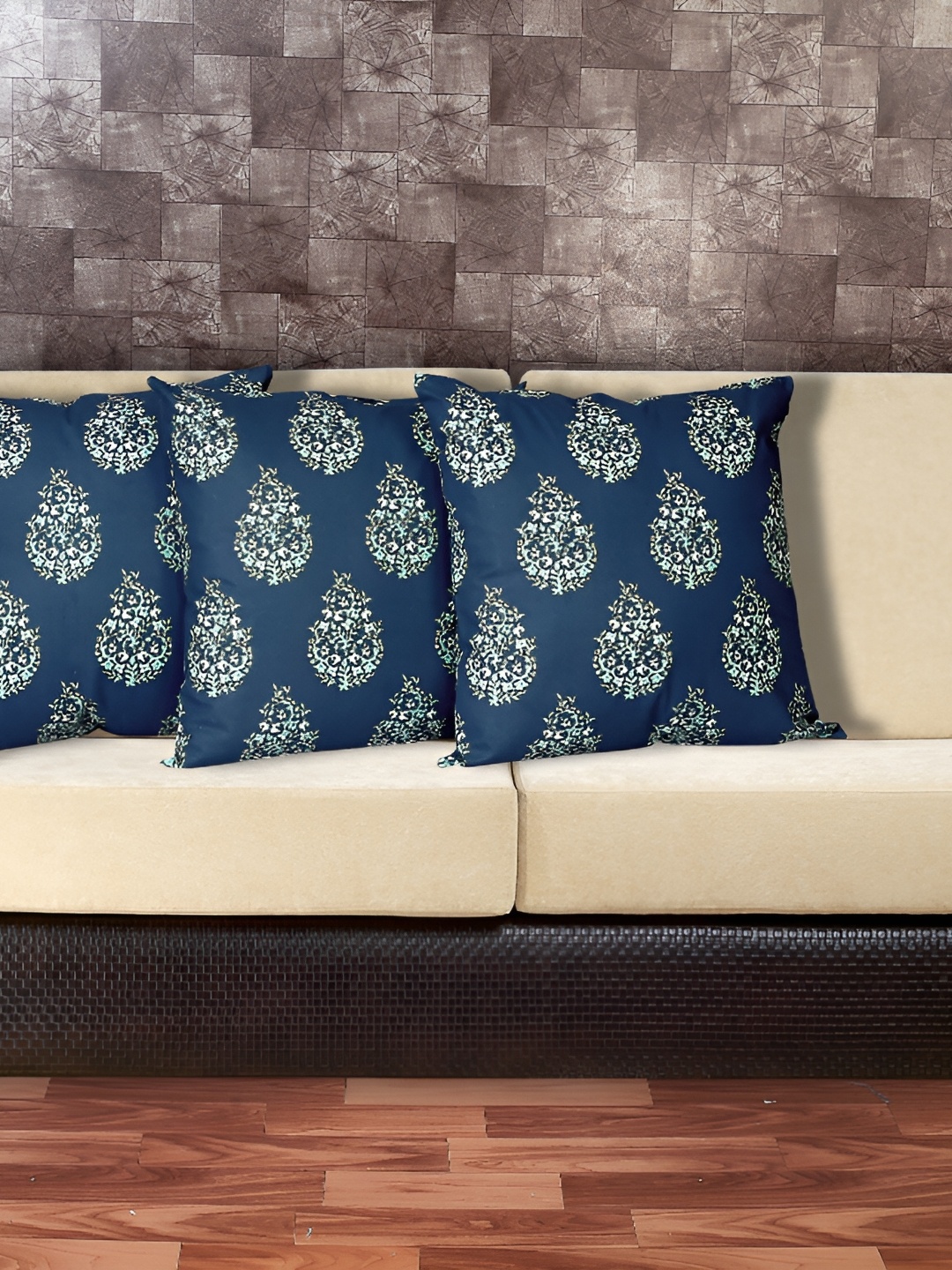 

Texstylers Navy Blue & White 3 Pieces Floral Cotton Square Cushion Covers