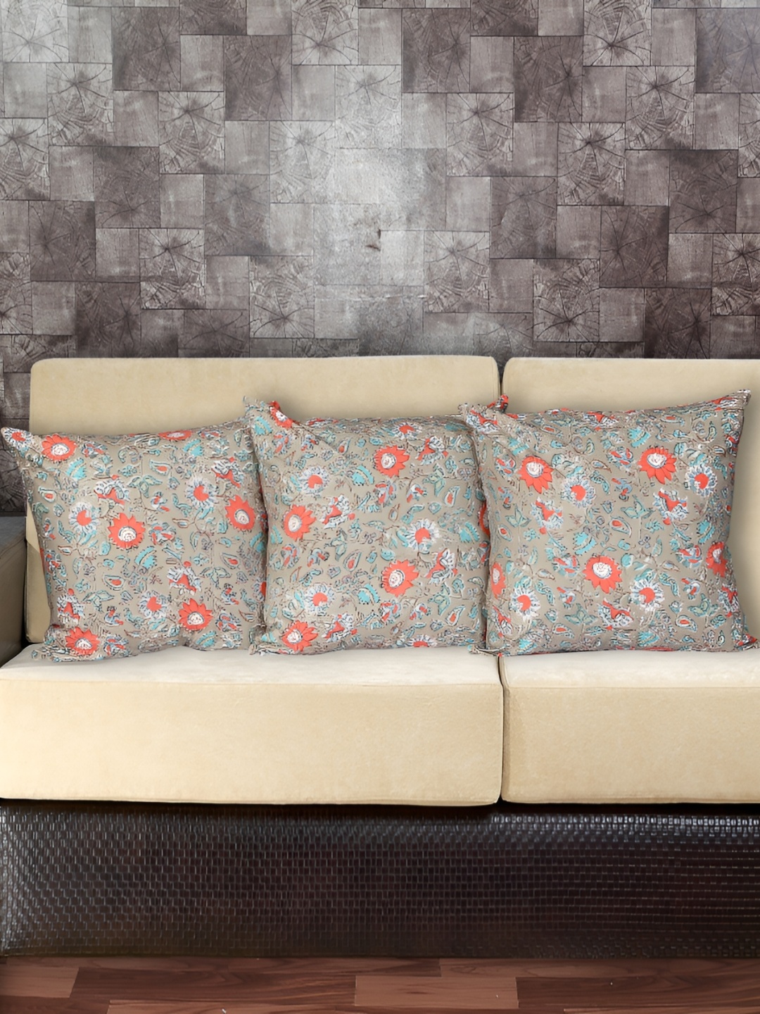 

Texstylers Red & Brown 3 Pieces Floral Cotton Square Cushion Covers