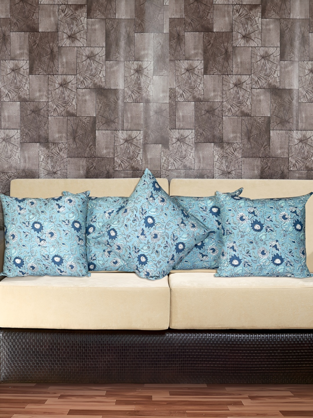 

Texstylers Blue & White 5 Pieces Floral Cotton Square Cushion Covers
