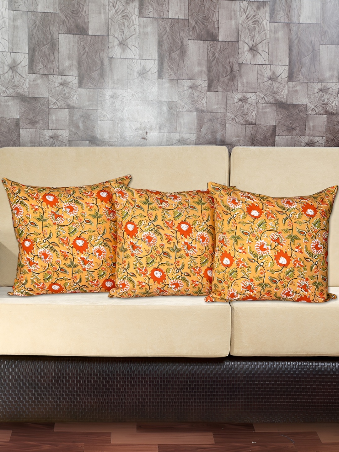 

Texstylers Orange & Green 3 Pieces Floral Cotton Square Cushion Covers