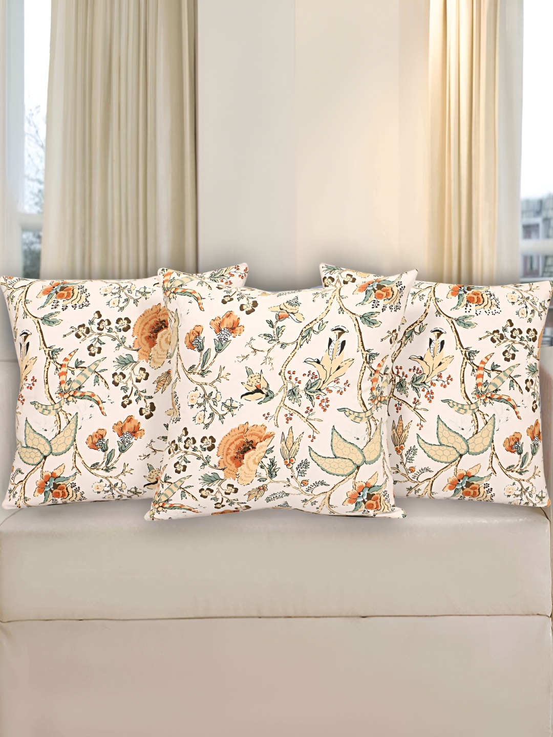 

Texstylers Mustard & Green 3 Pieces Printed Cotton Square Reversible Cushion Covers