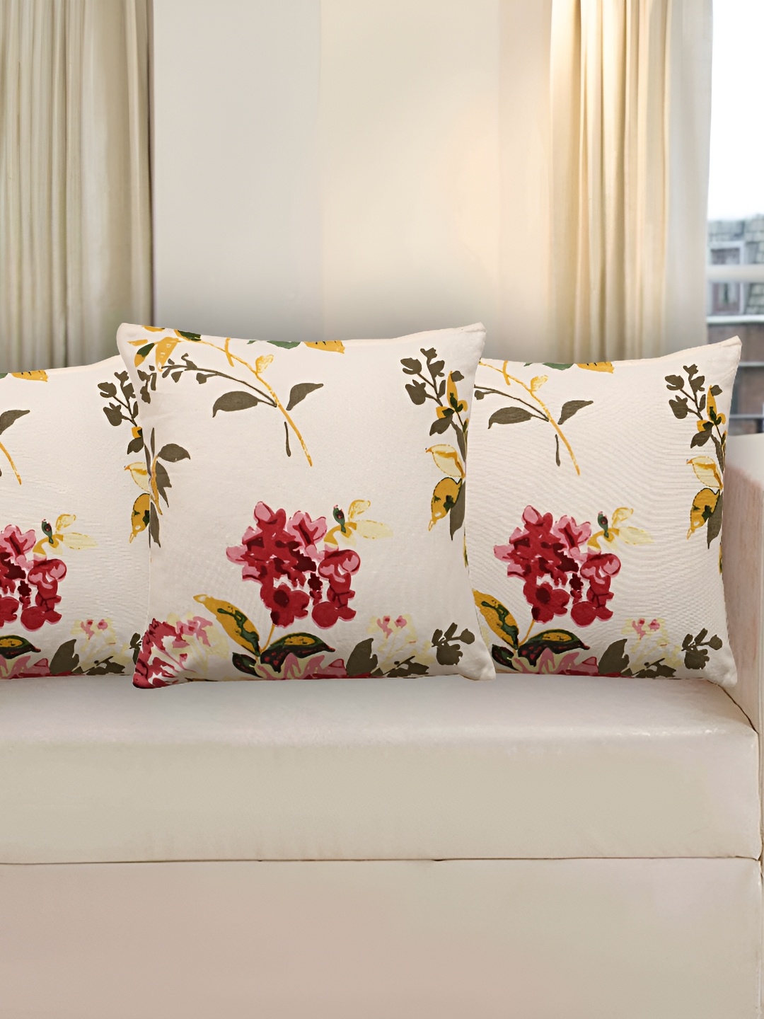 

Texstylers Beige & Green 3 Pieces Printed Cotton Square Reversible Cushion Covers, Pink