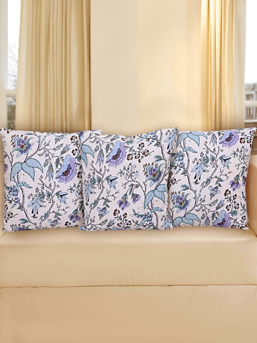

Texstylers White & Blue 3 Pieces Printed Cotton Square Reversible Cushion Covers