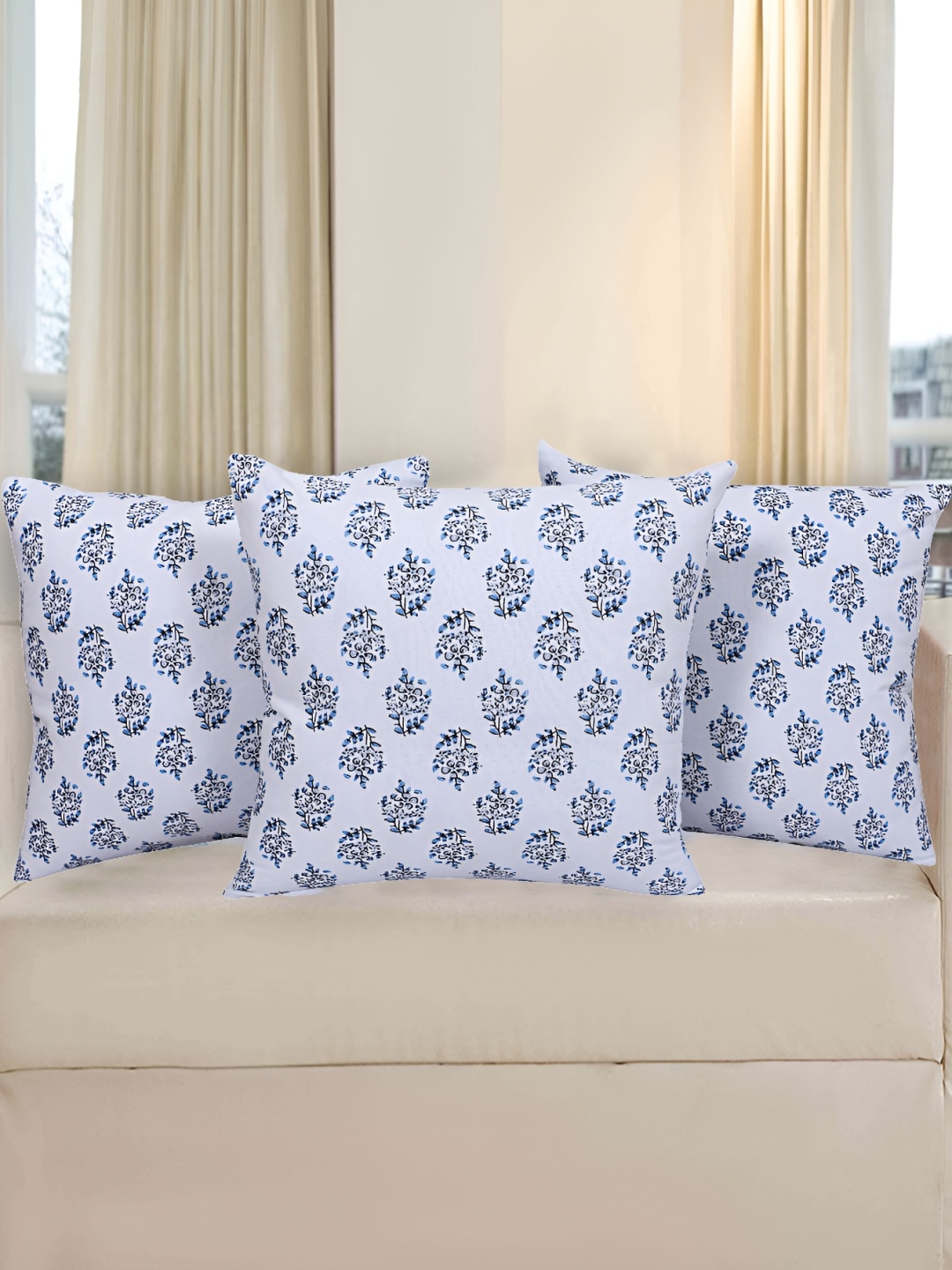 

Texstylers Blue 3 Pieces Printed Cotton Square Reversible Cushion Covers