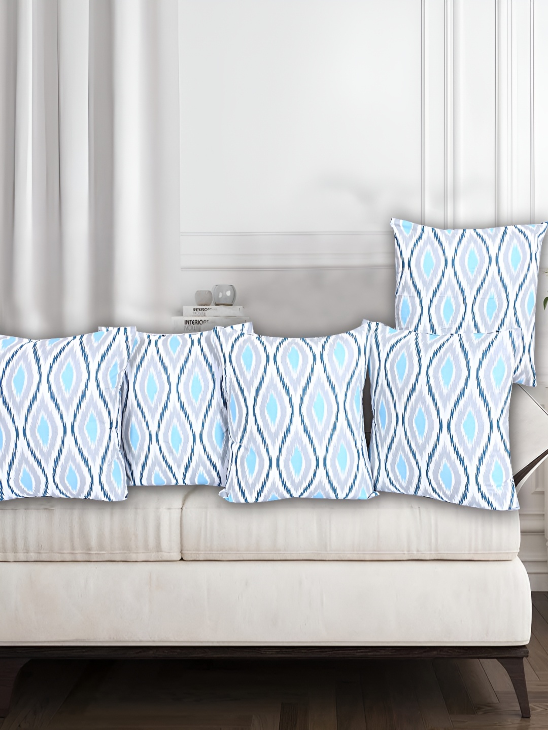 Texstylers Blue 5 Pieces Printed Cotton Square Reversible Cushion Covers