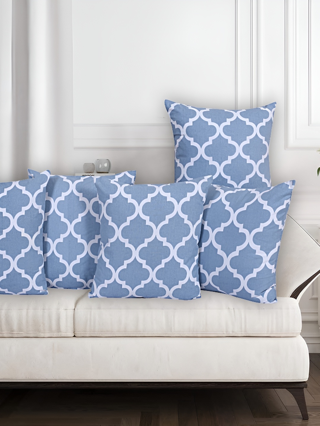 Texstylers Blue & White 5 Pieces Printed Cotton Square Reversible Cushion Covers