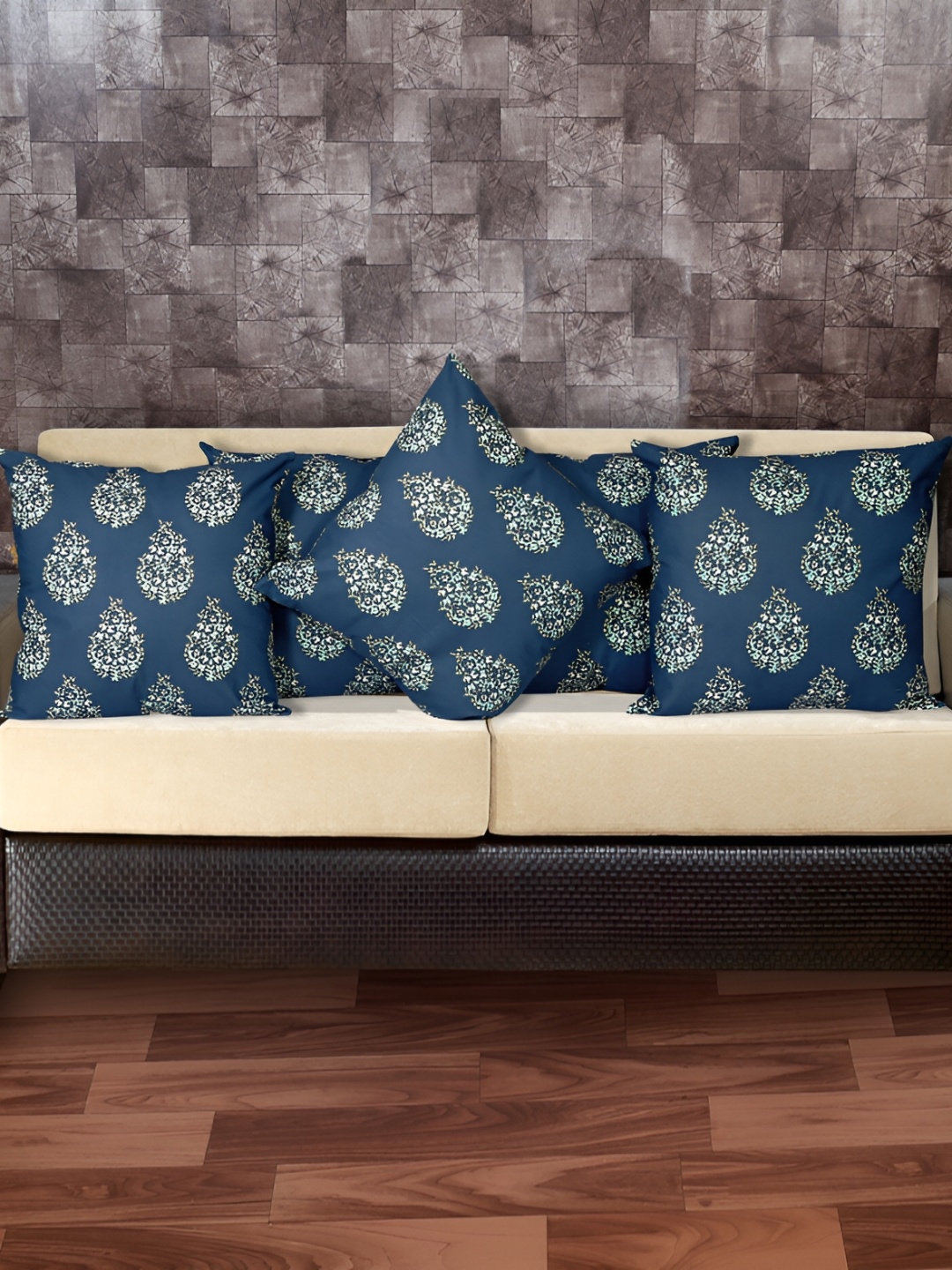 

Texstylers Navy Blue 5 Pieces Printed Cotton Square Reversible Cushion Covers