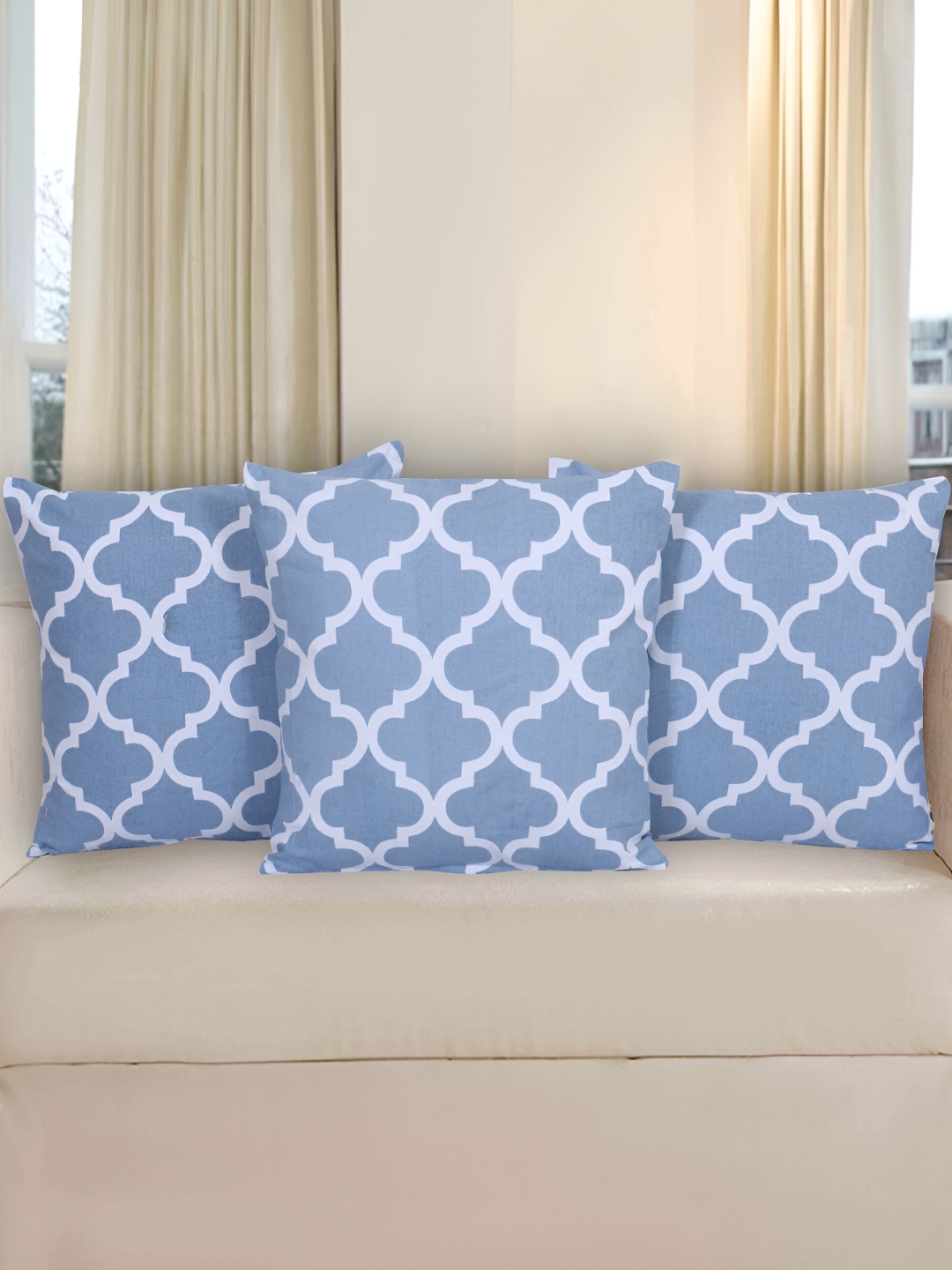 Texstylers Blue & White 3 Pieces Printed Cotton Square Reversible Cushion Covers