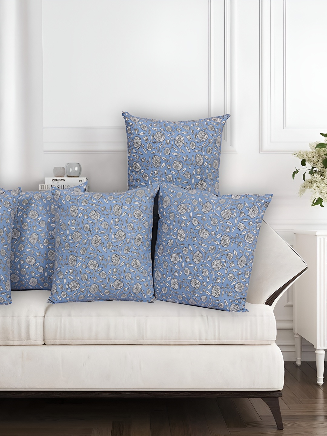 Texstylers Blue & Black 5 Pieces Printed Cotton Square Reversible Cushion Covers