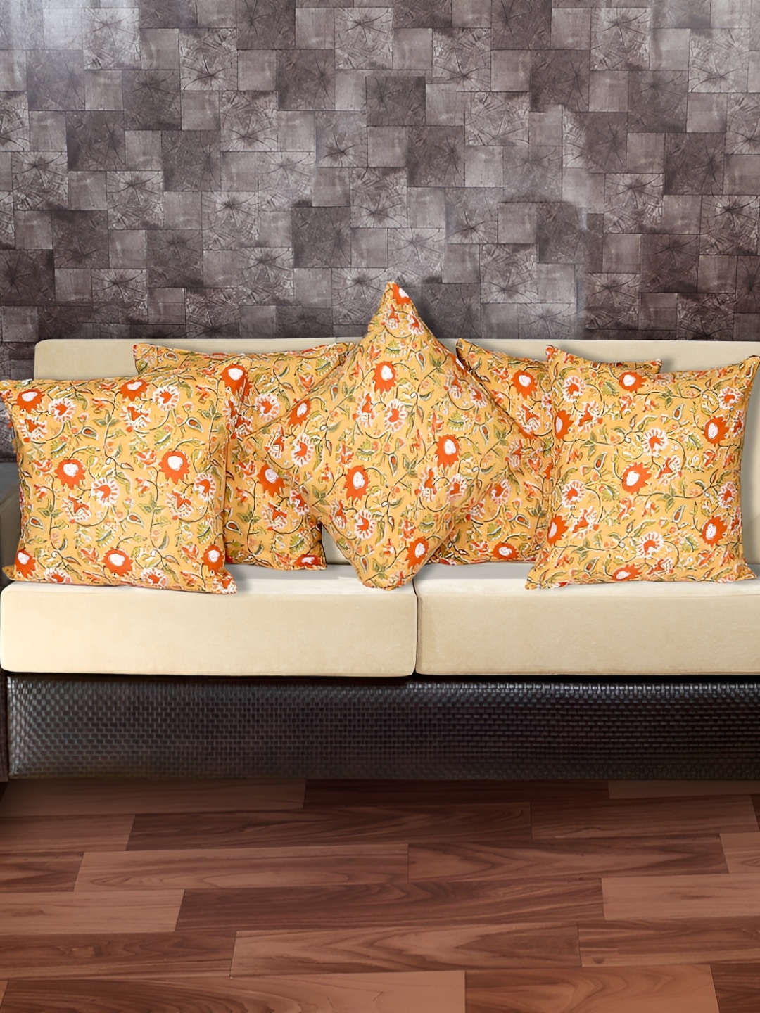 

Texstylers Orange & Yellow 5 Pieces Printed Cotton Square Reversible Cushion Covers