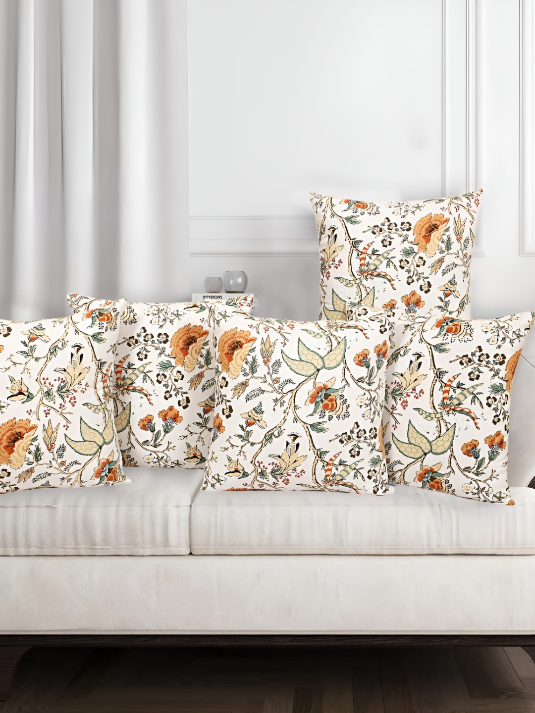 

Texstylers Mustard 5 Pieces Printed Cotton Square Reversible Cushion Covers