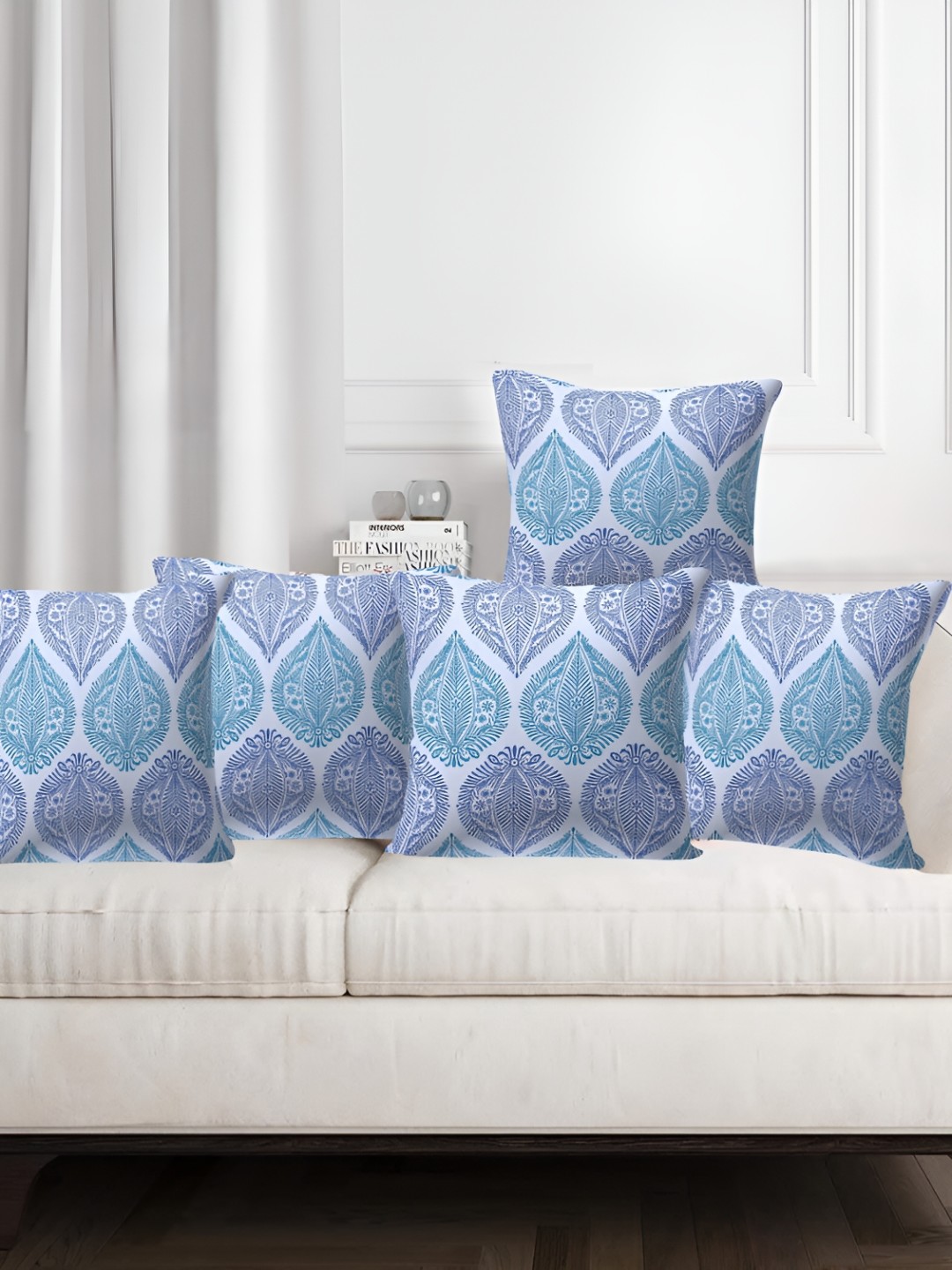 Texstylers Blue 5 Pieces Printed Cotton Square Reversible Cushion Covers
