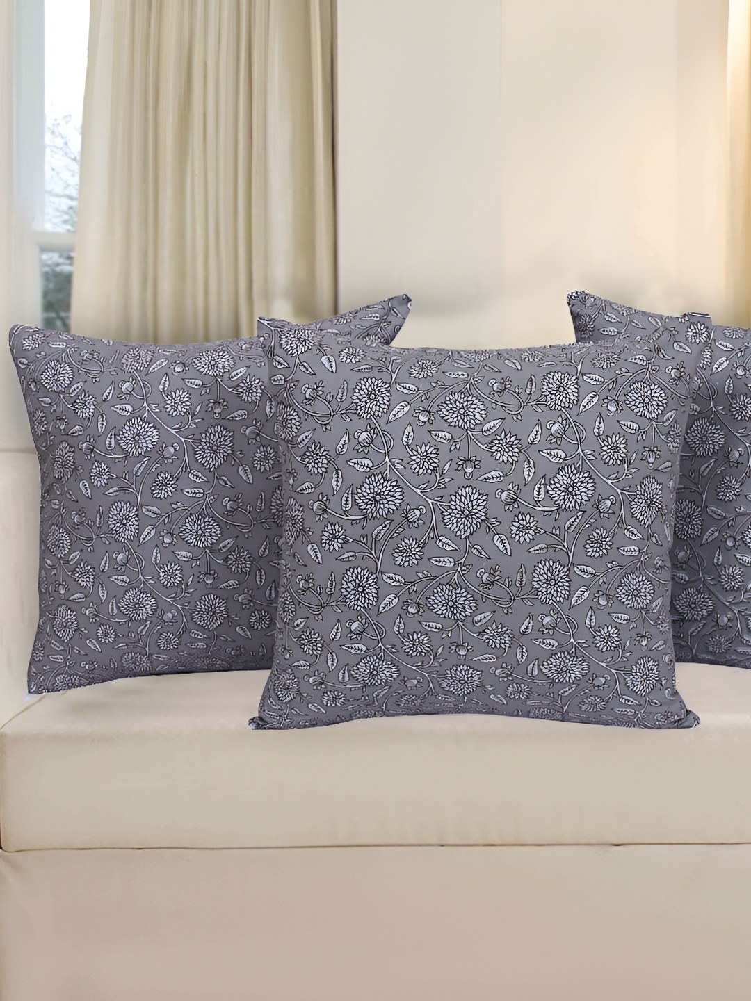 Texstylers Grey 3 Pieces Floral Square Cushion Covers