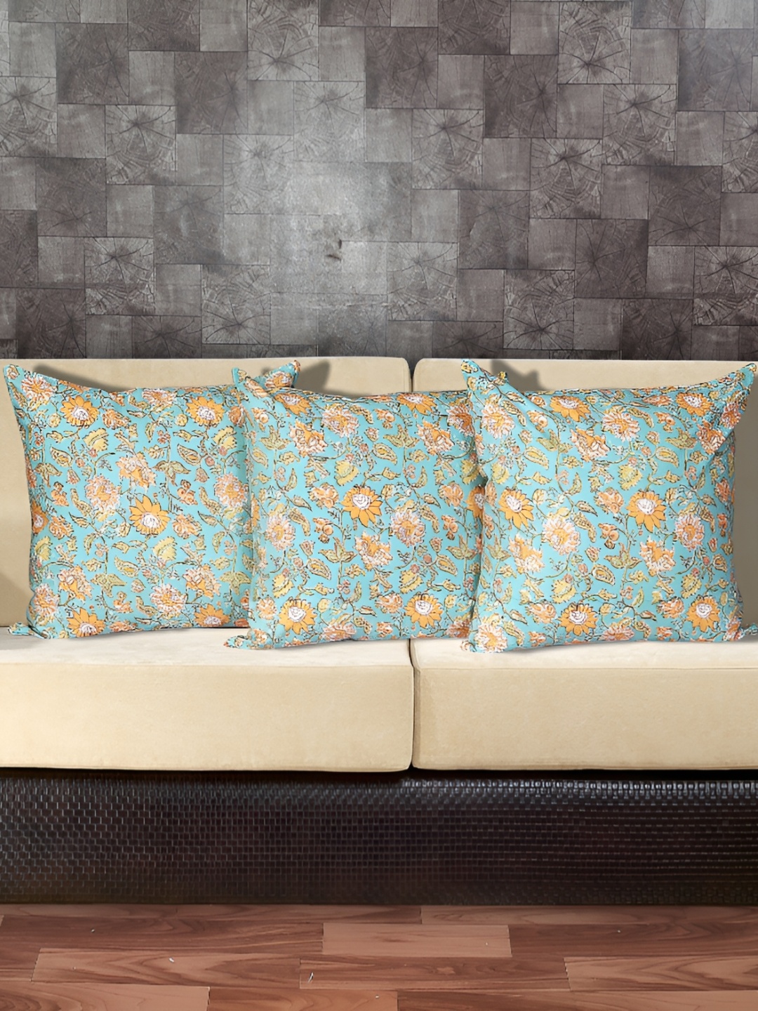 Texstylers Blue 3 Pieces Floral Square Cushion Covers