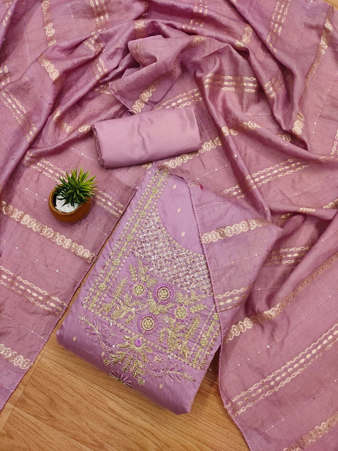 KALINI Ethnic Motifs Embroidered Sequined Jacquard Unstitched Dress Material, Pink