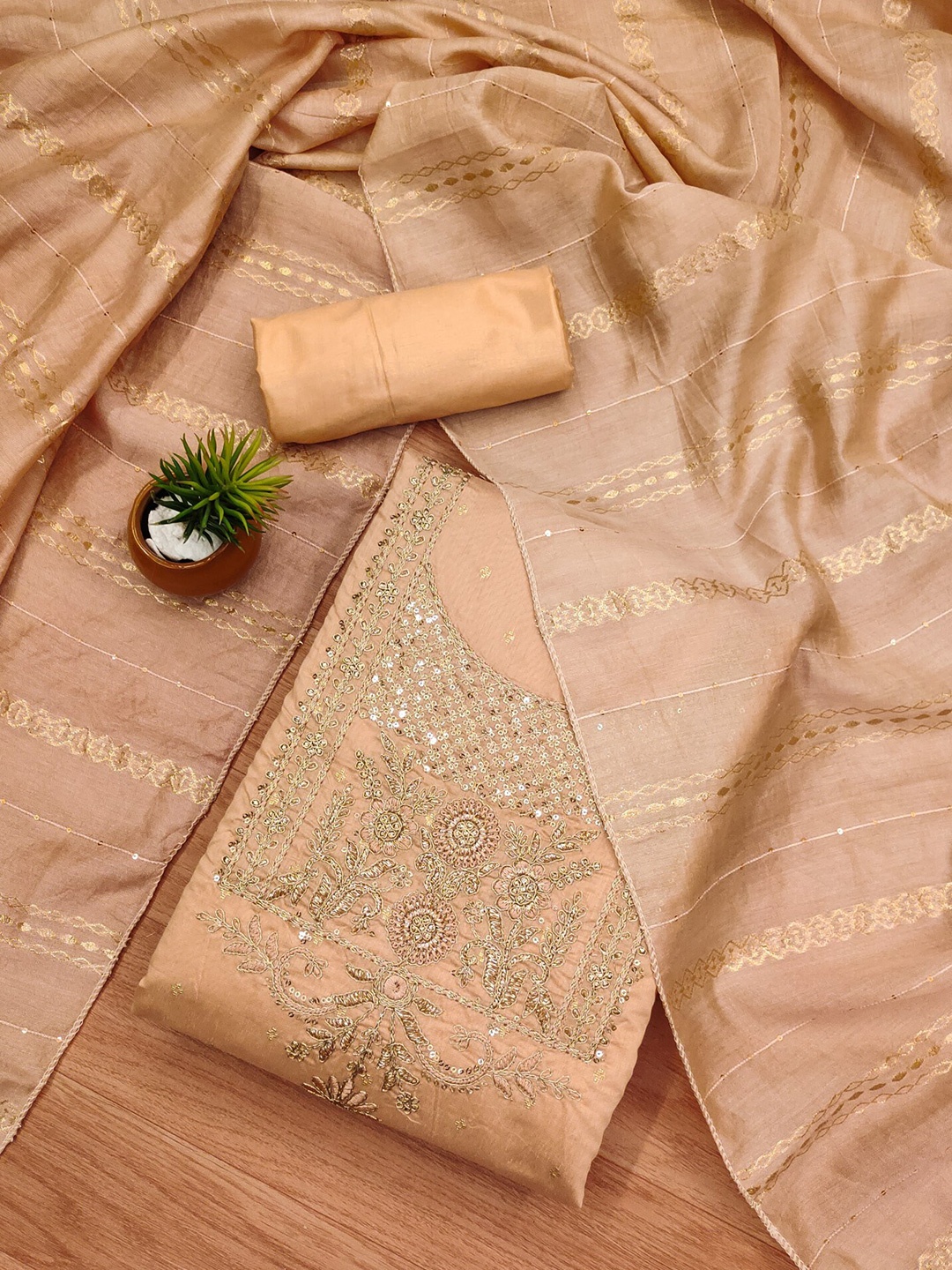 

KALINI Ethnic Motifs Woven Design Sequinned Jacquard Pure Modal Unstitched Dress Material, Orange